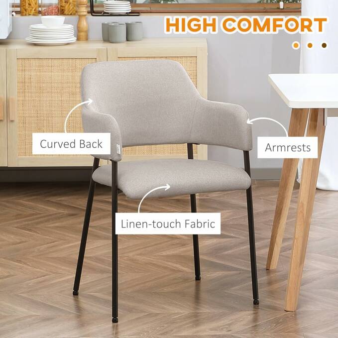 2 Spisestuestoler sett i linlook – buet ryggstøtte, armlener og stålramme, beige