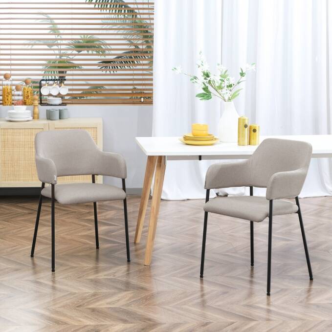 2 Spisestuestoler sett i linlook – buet ryggstøtte, armlener og stålramme, beige