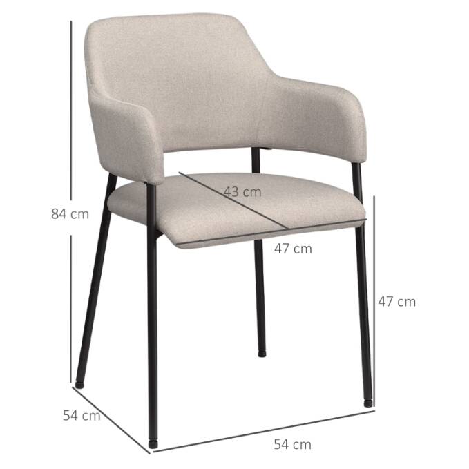 2 Spisestuestoler sett i linlook – buet ryggstøtte, armlener og stålramme, beige
