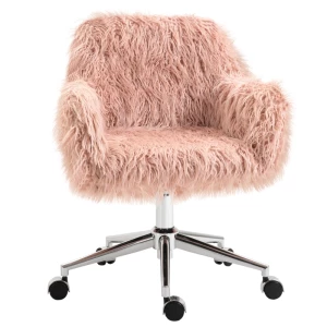 Justerbar snurrstol med fuskepels rosa og sølv 360° roterbar med ergonomisk ryggstøtte