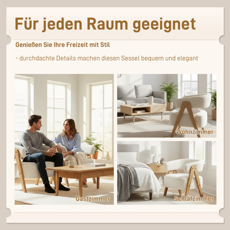 Elegant lenestol – Hvit fleece med buet ryggstøtte og treben