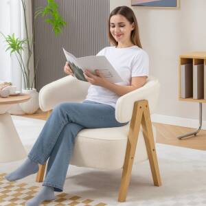 Fåtölj Med Böjt Ryggstöd Och Träben - Vit Fleeceklädsel - 70 x 64 x 71 cm