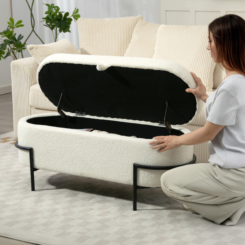Elegant sittebenk med oppbevaring – Oval design i kremhvit teddyfleece og sorte stålben - Bilde 3