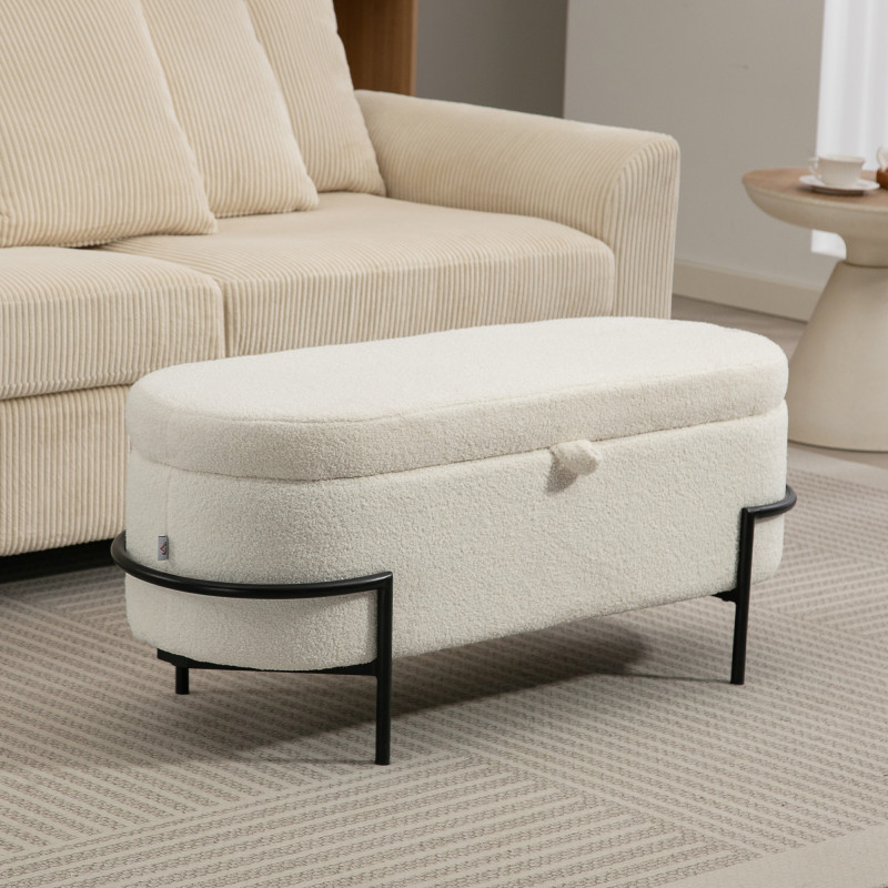 Elegant sittebenk med oppbevaring – Oval design i kremhvit teddyfleece og sorte stålben - Bilde 9