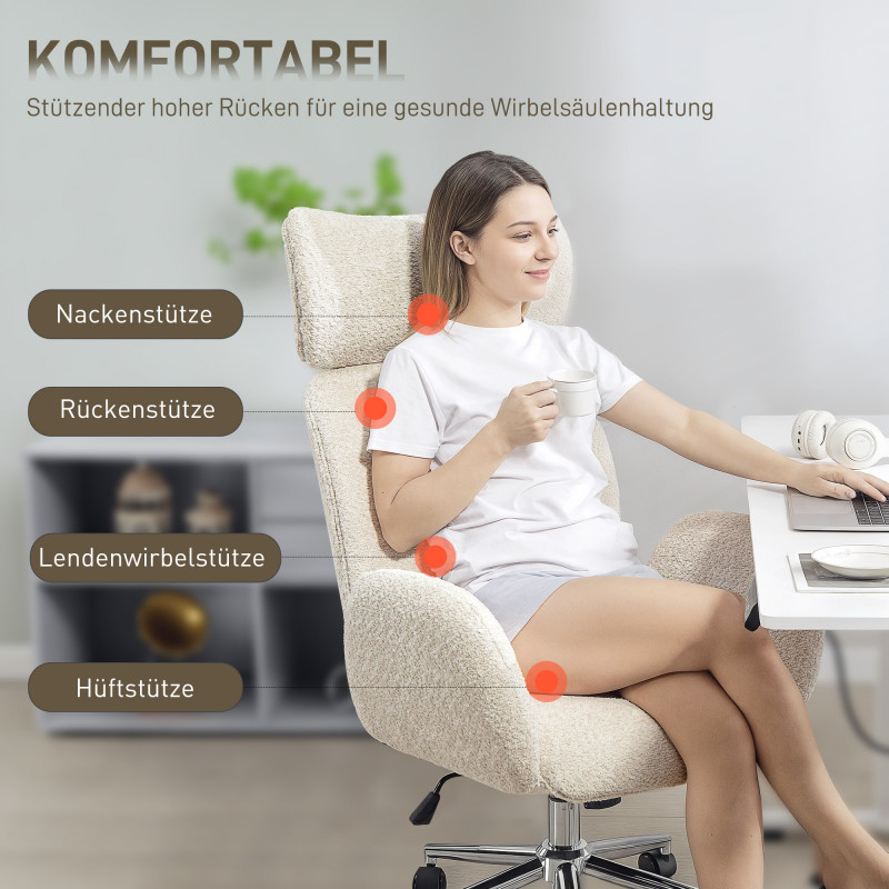 Ergonomisk kontorstol – Gråhvit teddy med justerbar nakkestøtte