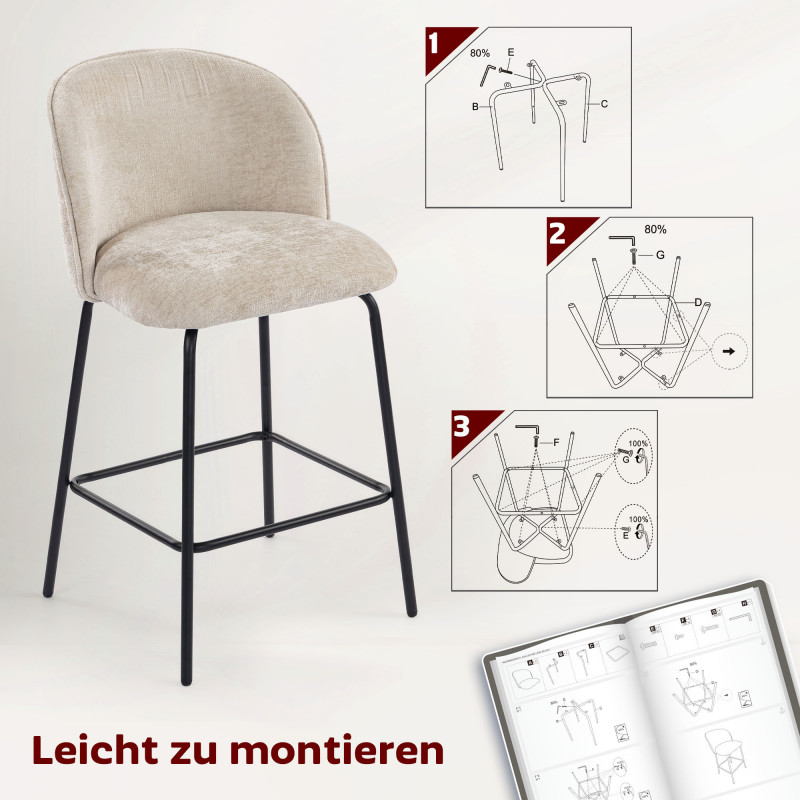 Komfortable Barstoler 2-pk – Beige Chenille med ryggstøtte (68 cm) - Bilde 4