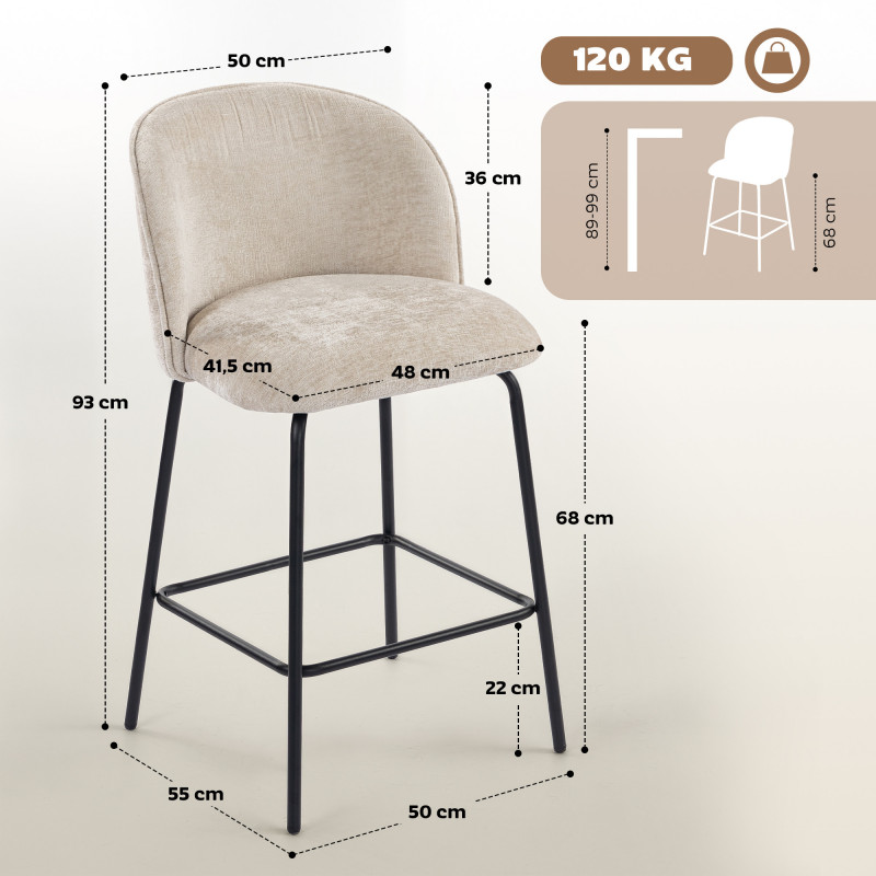 Komfortable Barstoler 2-pk – Beige Chenille med ryggstøtte (68 cm) - Bilde 8