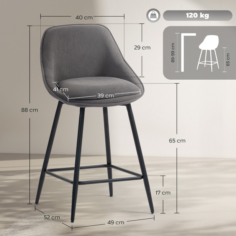 Komfortable Barstoler 2-pk – Grå Cordstoff med snurrefunksjon og ryggstøtte - Bilde 8
