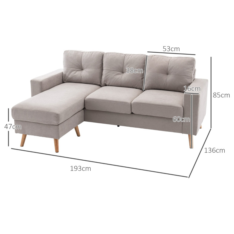Sofa 3-seter med sjeselong – lysegrå stofftrekk 193 x 136 x 85 cm. - Bilde 6
