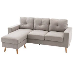 Sofa 3-seter med sjeselong – lysegrå stofftrekk 193 x 136 x 85 cm.