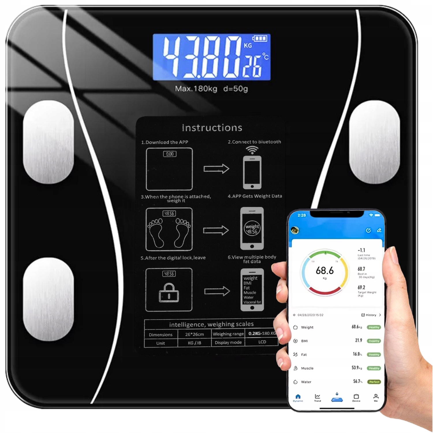 Smart baderomsvekt med Bluetooth – full kontroll på helse og kroppssammensetning 180 kg