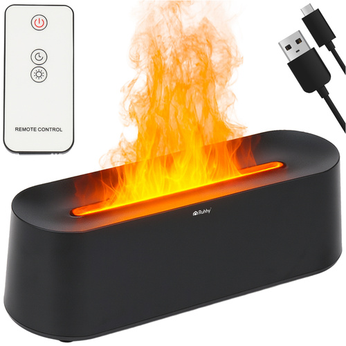 Aroma Diffuser & Luftfukter 250 ml med realistisk LED-flammeeffekt, timer og fjernkontroll – svart