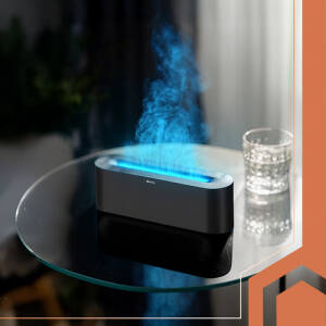 Aroma Diffuser & Luftfukter 250 ml med realistisk LED-flammeeffekt, timer og fjernkontroll – svart