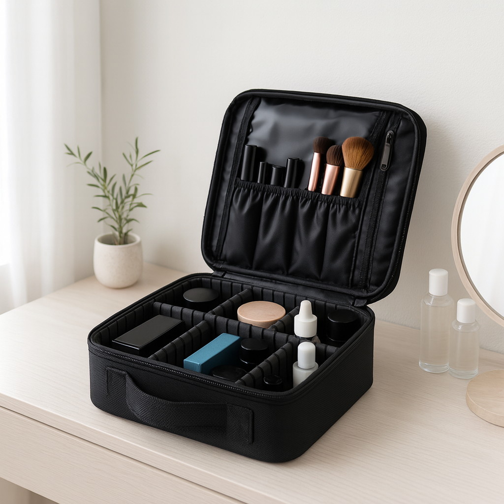 Kosmetikkveske – sminkeorganisator med rom 26 × 9 × 28 cm, svart