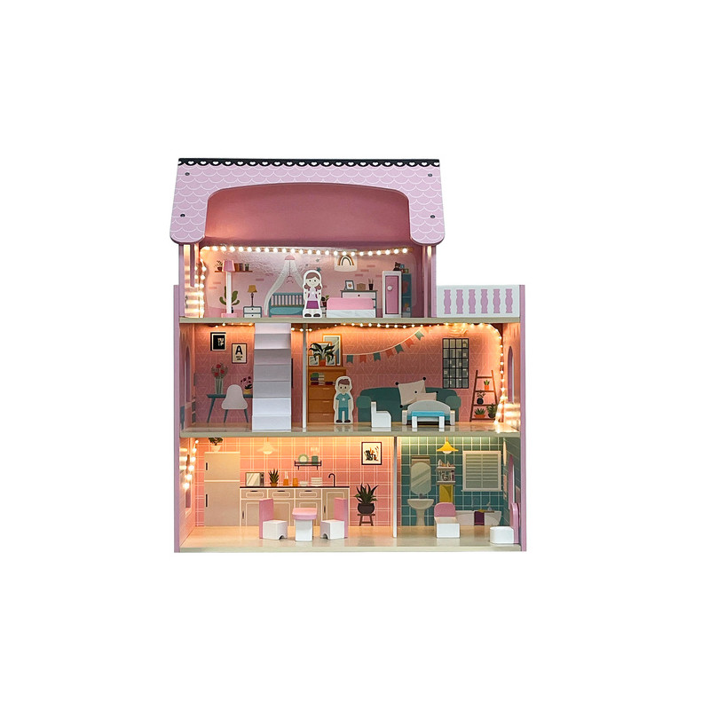 Dukkehus i tre, 3 etasjer med møbler og LED-lys – Flerfarget – 27 × 62 × 70 cm