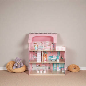 Dukkehus i tre, 3 etasjer med møbler og LED-lys – Flerfarget – 27 × 62 × 70 cm