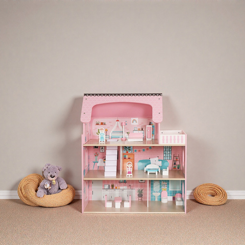 Dukkehus i tre, 3 etasjer med møbler og LED-lys – Flerfarget – 27 × 62 × 70 cm