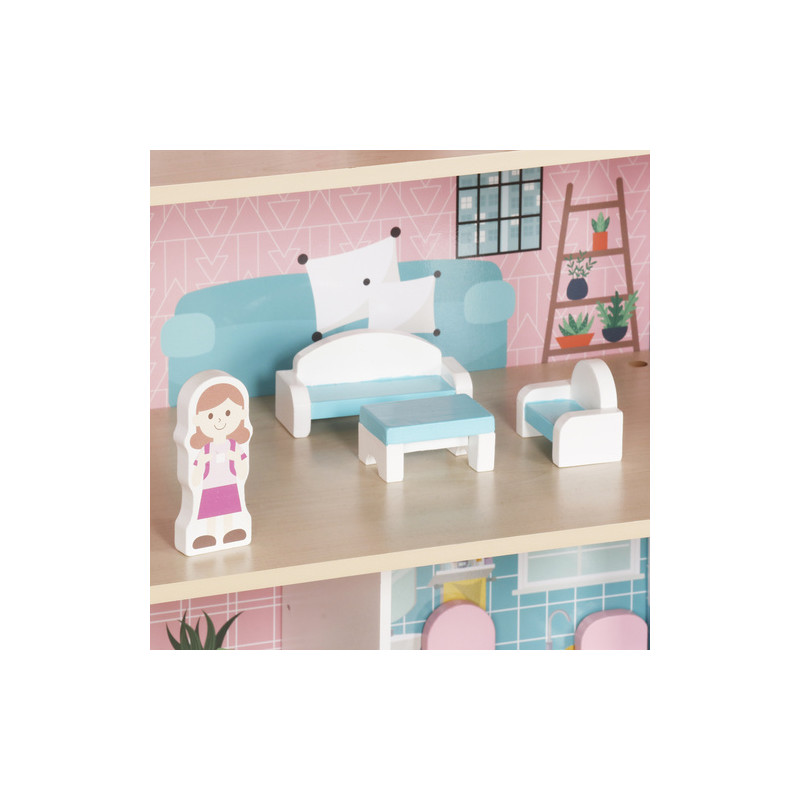 Dukkehus i tre, 3 etasjer med møbler og LED-lys – Flerfarget – 27 × 62 × 70 cm
