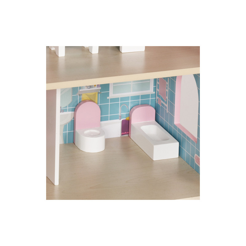 Dukkehus i tre, 3 etasjer med møbler og LED-lys – Flerfarget – 27 × 62 × 70 cm