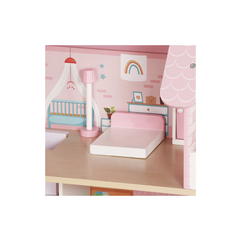 Dukkehus i tre, 3 etasjer med møbler og LED-lys – Flerfarget – 27 × 62 × 70 cm