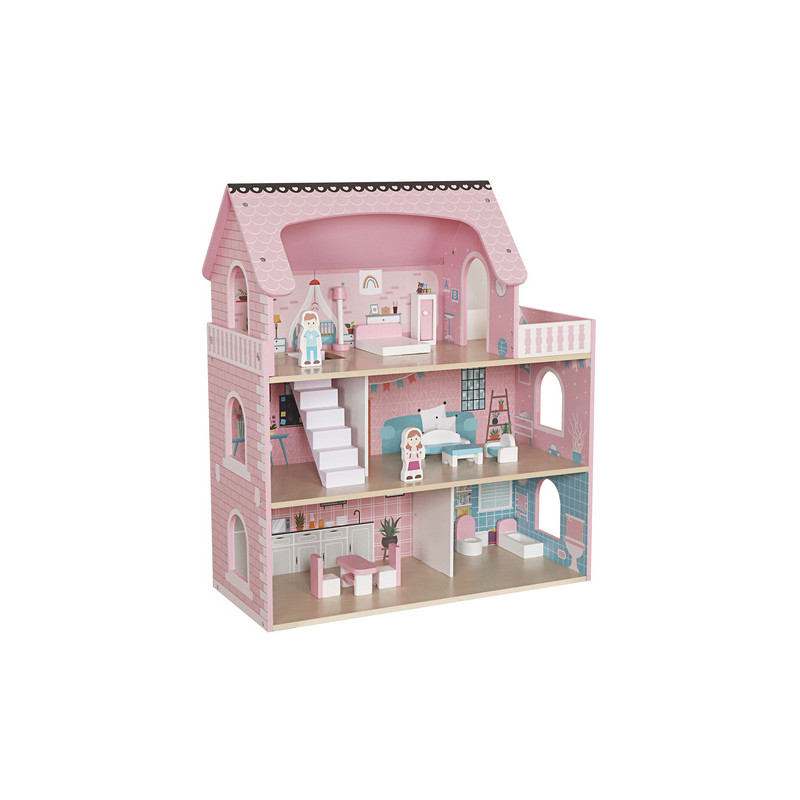 Dukkehus i tre, 3 etasjer med møbler og LED-lys – Flerfarget – 27 × 62 × 70 cm