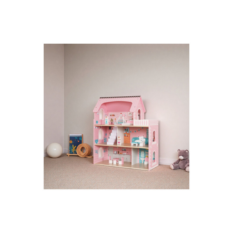 Dukkehus i tre, 3 etasjer med møbler og LED-lys – Flerfarget – 27 × 62 × 70 cm