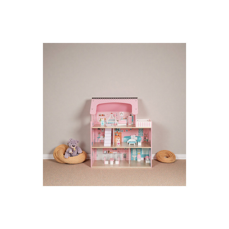 Dukkehus i tre, 3 etasjer med møbler og LED-lys – Flerfarget – 27 × 62 × 70 cm