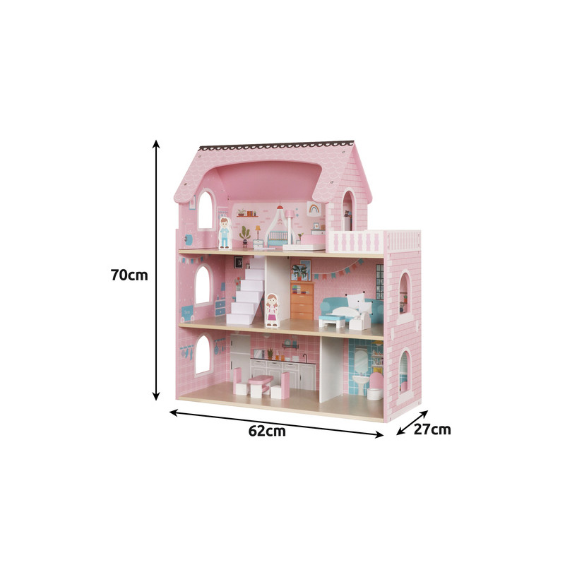 Dukkehus i tre, 3 etasjer med møbler og LED-lys – Flerfarget – 27 × 62 × 70 cm