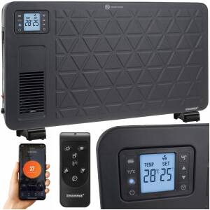 Elektrisk konvektor 2300W i svart med WiFi-styring, fjernkontroll, LCD og timer – 70 × 43 × 12 cm