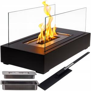 Frittstående svart biopeis 35 × 18 × 17 cm med glassvegger & 250 ml brenner – røykfri forbrenning