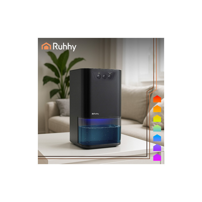 Kompakt luftavfukter 1400 ml i svart med LED-lys, timerfunksjon & auto-off – 17 × 17 × 31,5 cm