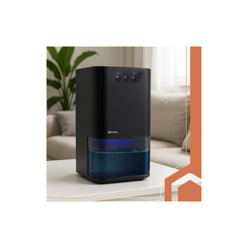 Kompakt luftavfukter 1400 ml i svart med LED-lys, timerfunksjon & auto-off – 17 × 17 × 31,5 cm