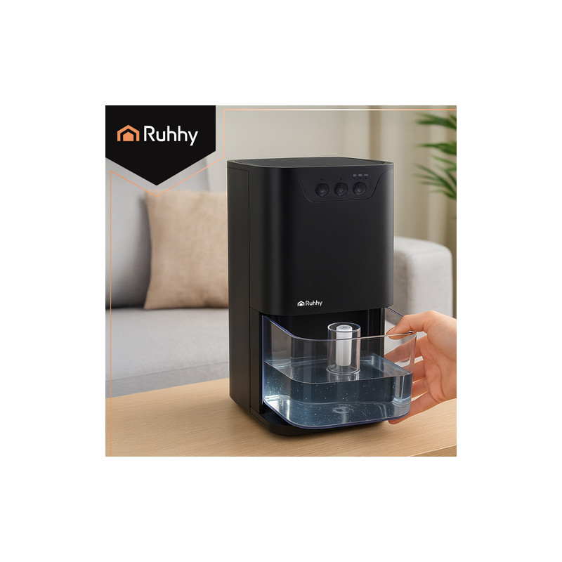 Kompakt luftavfukter 1400 ml i svart med LED-lys, timerfunksjon & auto-off – 17 × 17 × 31,5 cm