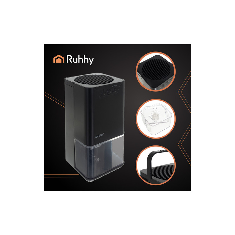 Kompakt luftavfukter 1400 ml i svart med LED-lys, timerfunksjon & auto-off – 17 × 17 × 31,5 cm