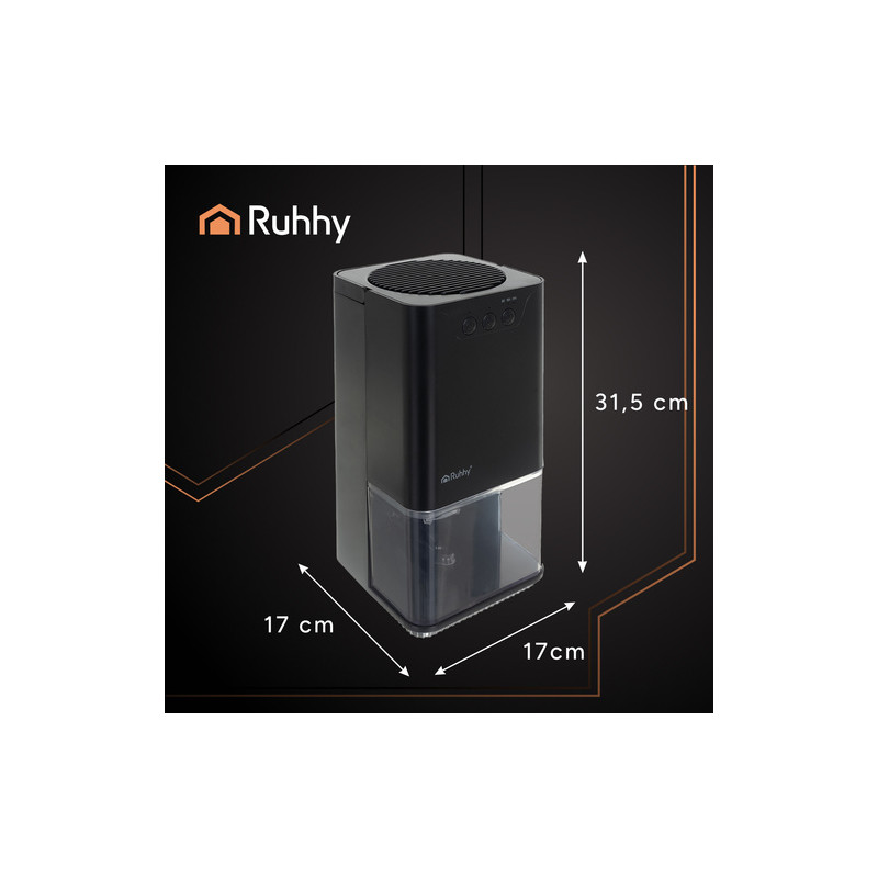 Kompakt luftavfukter 1400 ml i svart med LED-lys, timerfunksjon & auto-off – 17 × 17 × 31,5 cm