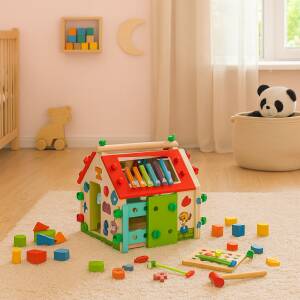 Montessori aktivitets- og sorteringshus i tre – lærende leke for barn