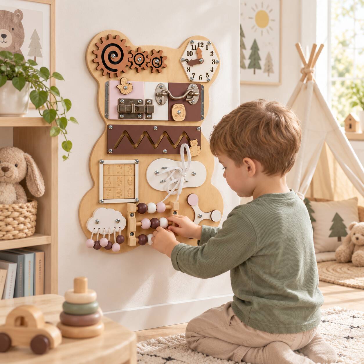 Montessori aktivitetsbrett i tre – 14-i-1 manipulasjonsleke i form av en bamse