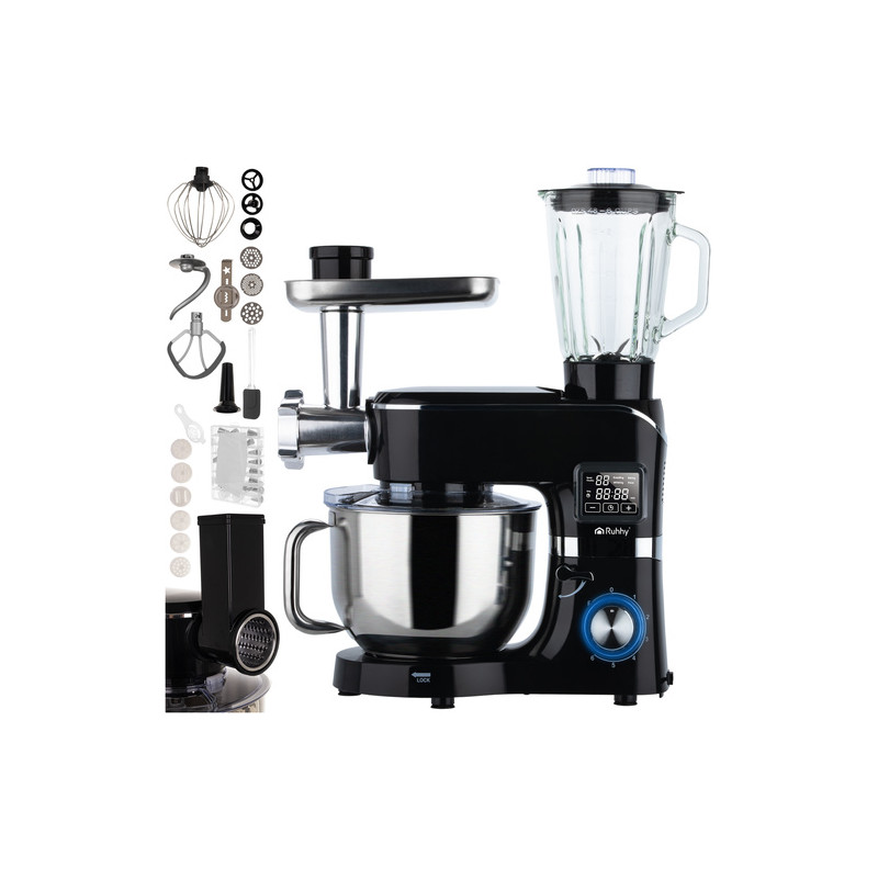 Multifunksjonell planetarisk kjøkkenmaskin 6,2 L svart – 2000 W, oppvarmet bolle, blender 1,5 L & tilbehør