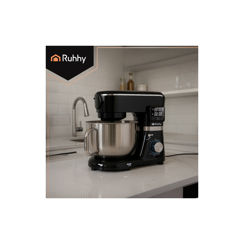 Multifunksjonell planetarisk kjøkkenmaskin 6,2 L svart – 2000 W, oppvarmet bolle, blender 1,5 L & tilbehør