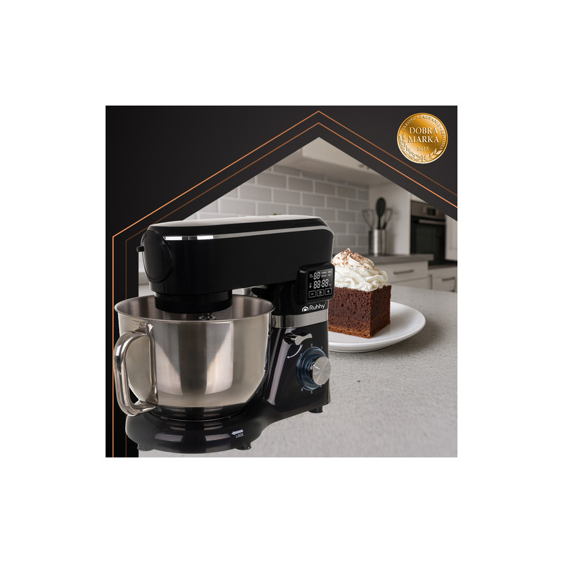 Multifunksjonell planetarisk kjøkkenmaskin 6,2 L svart – 2000 W, oppvarmet bolle, blender 1,5 L & tilbehør