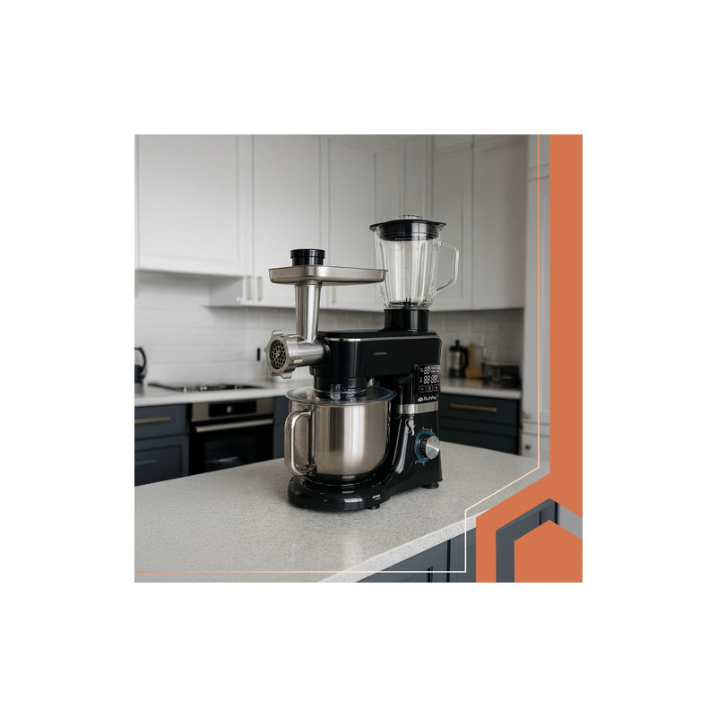 Multifunksjonell planetarisk kjøkkenmaskin 6,2 L svart – 2000 W, oppvarmet bolle, blender 1,5 L & tilbehør