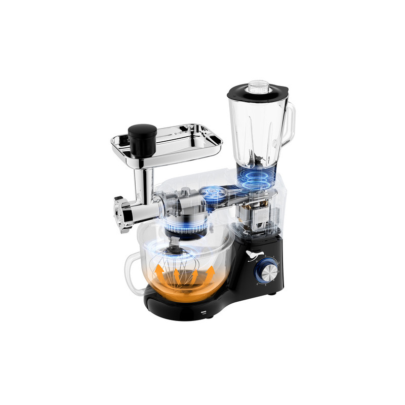 Multifunksjonell planetarisk kjøkkenmaskin 6,2 L svart – 2000 W, oppvarmet bolle, blender 1,5 L & tilbehør