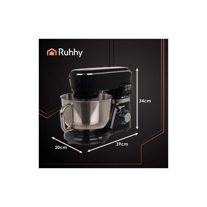 Multifunksjonell planetarisk kjøkkenmaskin 6,2 L svart – 2000 W, oppvarmet bolle, blender 1,5 L & tilbehør