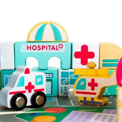 Stadsett i tre – 115 byggeklosser med puslematte for fantasifull lek og byplanlegging