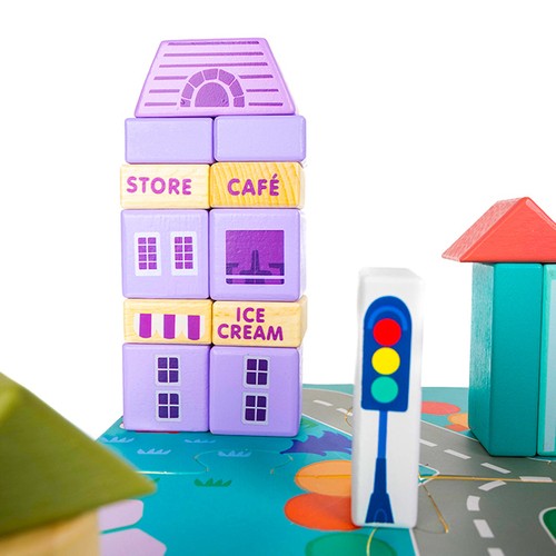 Stadsett i tre – 115 byggeklosser med puslematte for fantasifull lek og byplanlegging