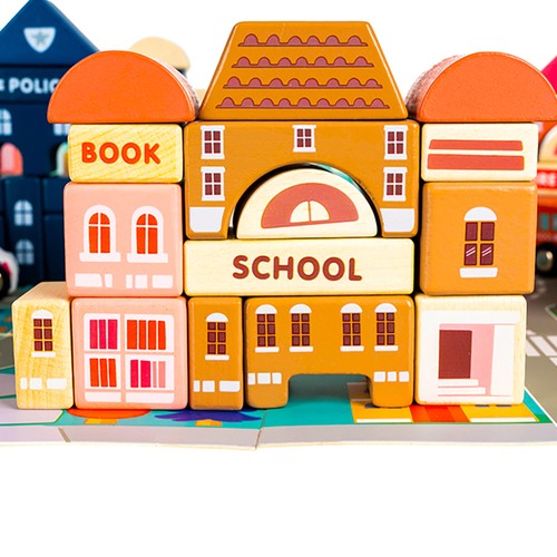 Stadsett i tre – 115 byggeklosser med puslematte for fantasifull lek og byplanlegging