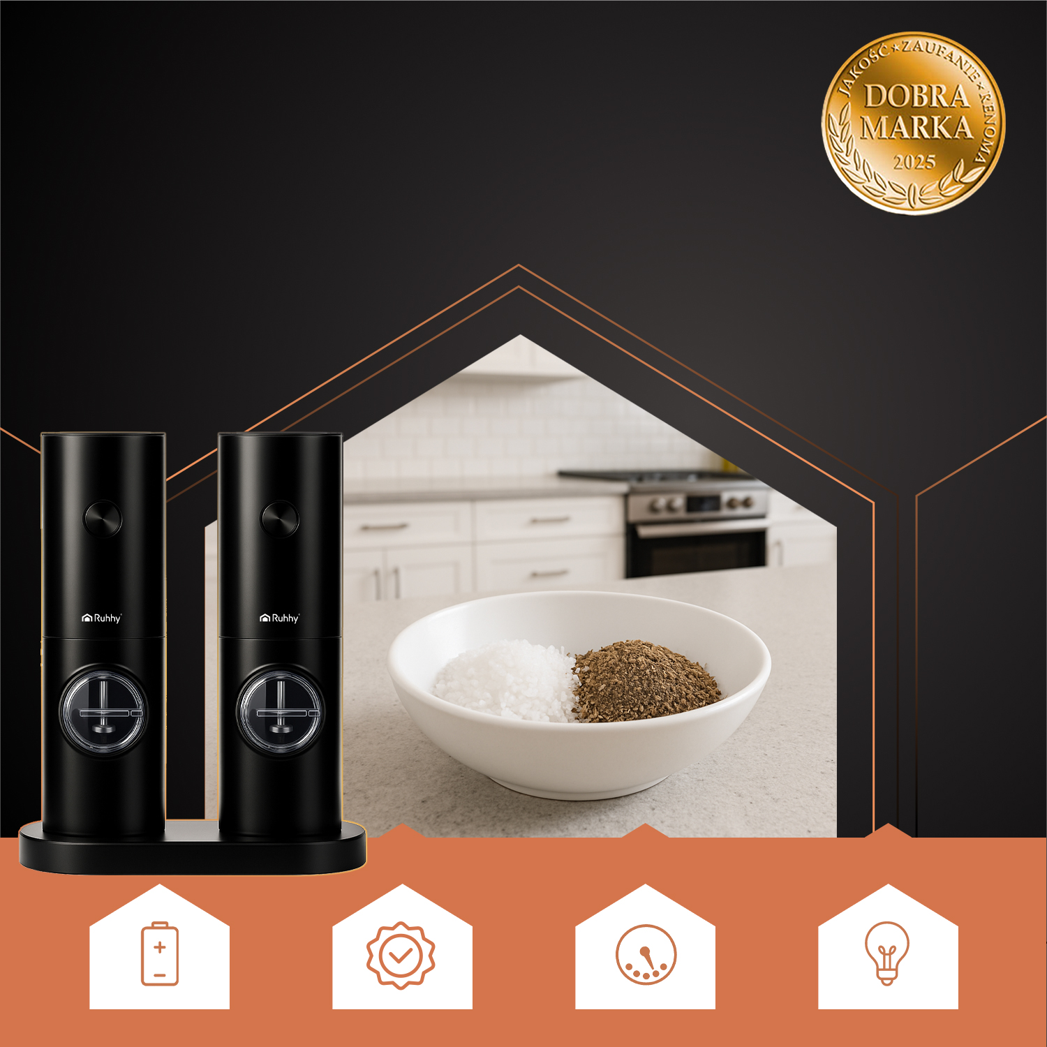 Elektriske salt- og pepperkverner 2-pakning – LED-lys og trinnløs malingsinnstilling