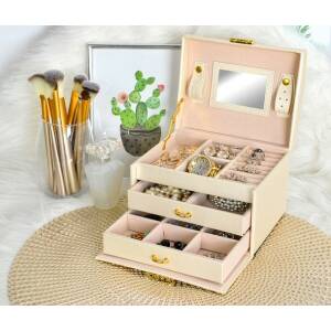 Smykkeskrin i beige – 20 rom og låsbart lokk