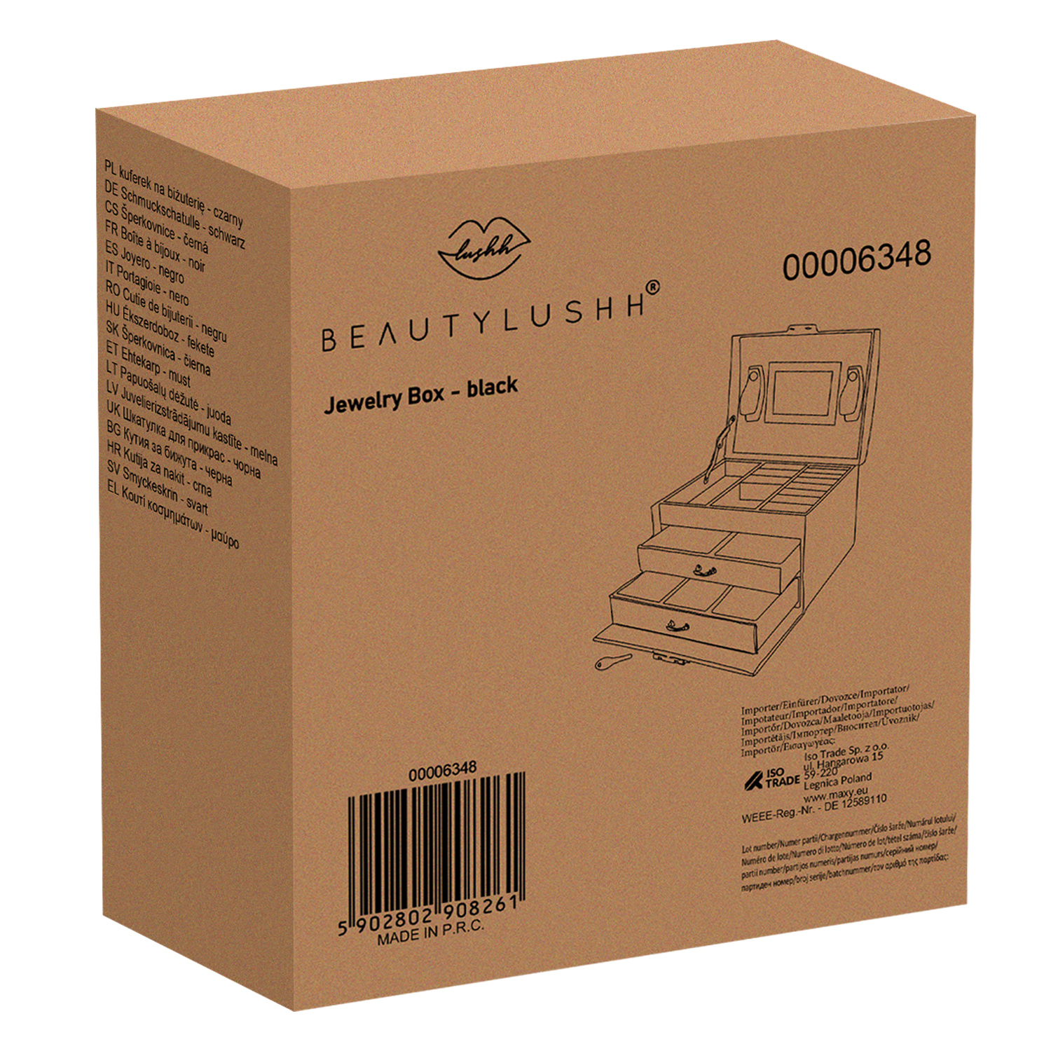 Elegant låsbart smykkeskrin med speil – svart PU-skinn