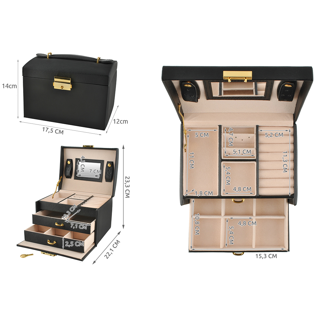 Elegant låsbart smykkeskrin med speil – svart PU-skinn